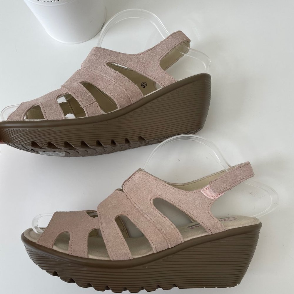 Skechers Suede Peep Toe Blush Pink Sling Back Sandal Wedges Memory Foam - Picture 4 of 14
